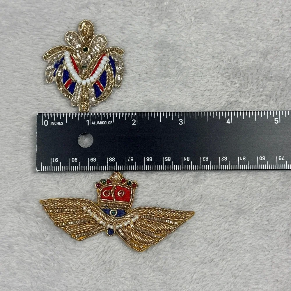 Bullion Crest Patches Unisex Gold Red Blue Metallic Winged Crown 2pc